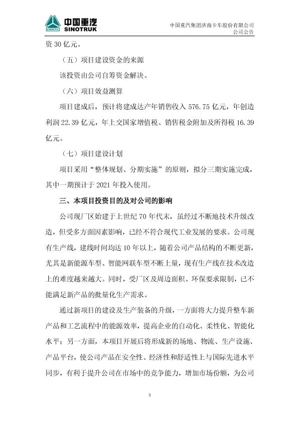 面对新趋势和新变革，中国重汽将投资建设一个全新的智能网联（新能源重卡）项目。