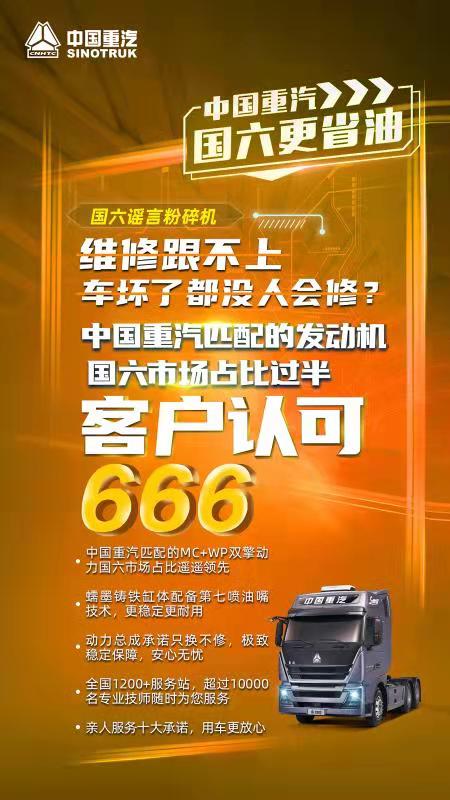 中国重汽深耕国六技术4年！在运营国六车全国超3万台！运营时间超2500万小时！绕地球15000圈，超6亿公里实际工况验证！豪沃国六更省油，安心使用666！