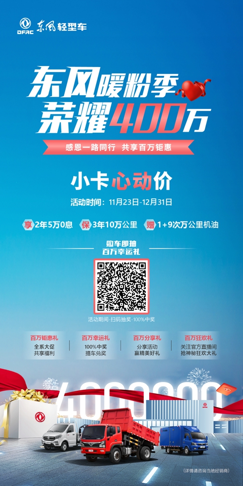 随着东风汽车股份第400万辆车即将下线、智能制造和绿色工厂新总装落成，东风轻型车推出“东风暖粉季 荣耀四百万”一系列暖粉活动，东风小卡更是钜惠放价，给寒冬带来了一股“暖风”。