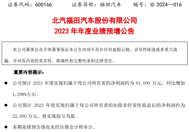 北汽福田汽车股份有限公司(以下简称“公司”)于 2024年2月23日（星期五）15:00-16:00通过电话会议的方式召开了2023年年度业绩预告说明会.