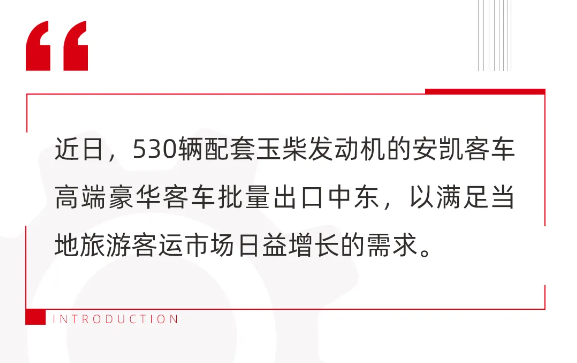 中东
市场是玉柴最大的海外
市场，发动机保有量已突破3万台，占据市场份额70%以上。众多搭载玉柴发动机的中国品牌
广泛服务于中东朝觐客运及公共交通